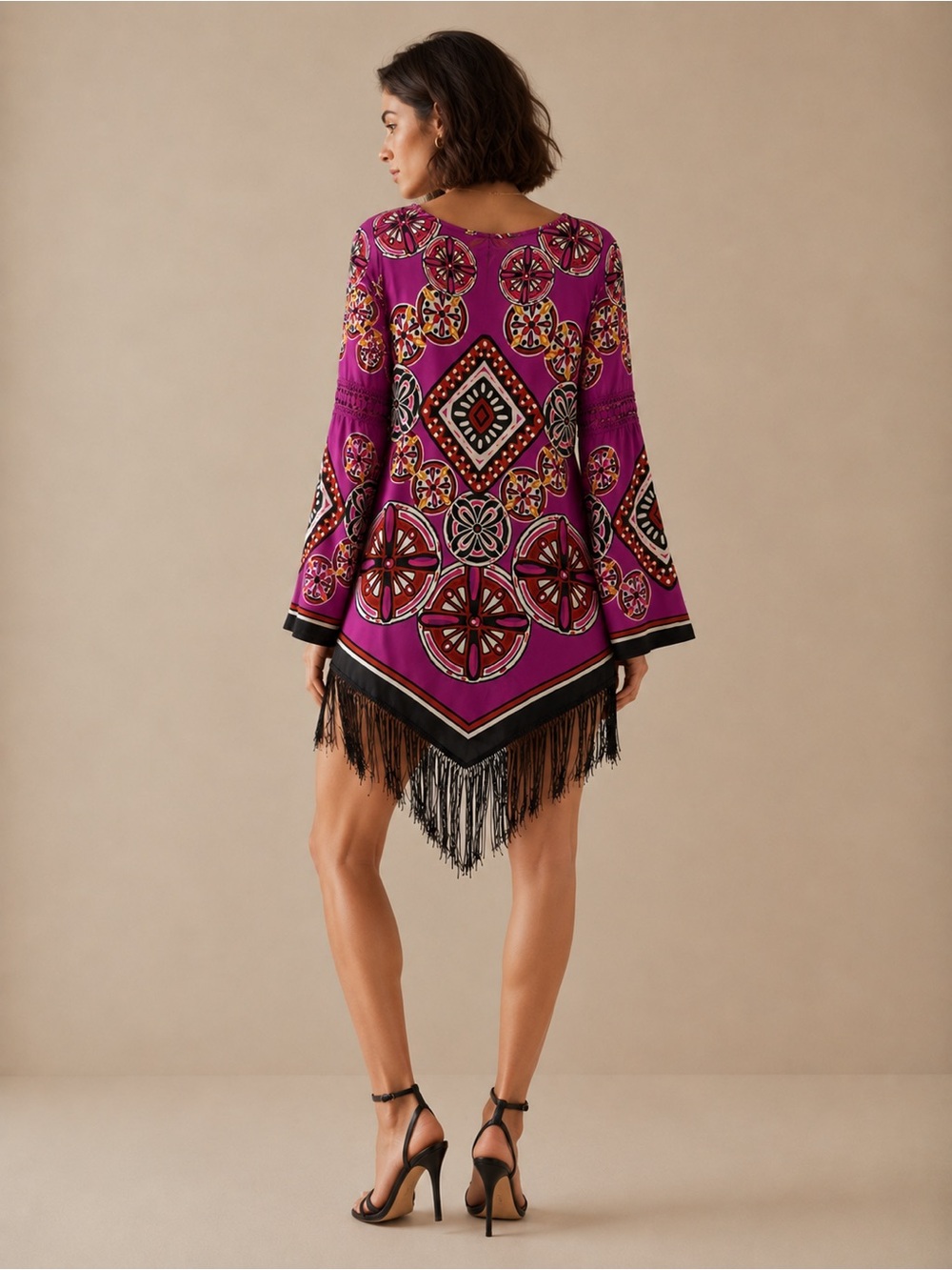 Anthropologie Chelsea & Violet Purple and Multicolor Tunic Dress w/ Fringe Sz M - Picture 2 of 10